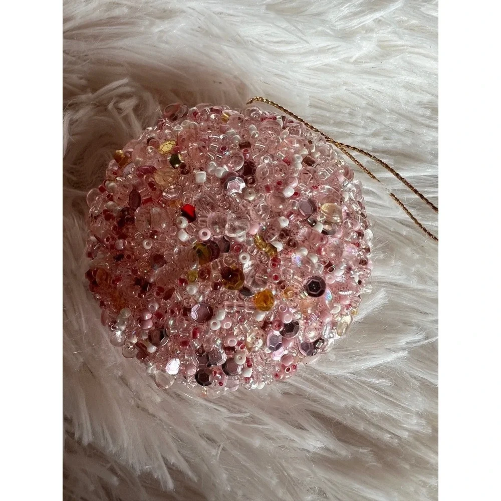 Pink Sparkly Beaded Christmas Tree Ornaments Set of 5 Gold Shimmering Baubles